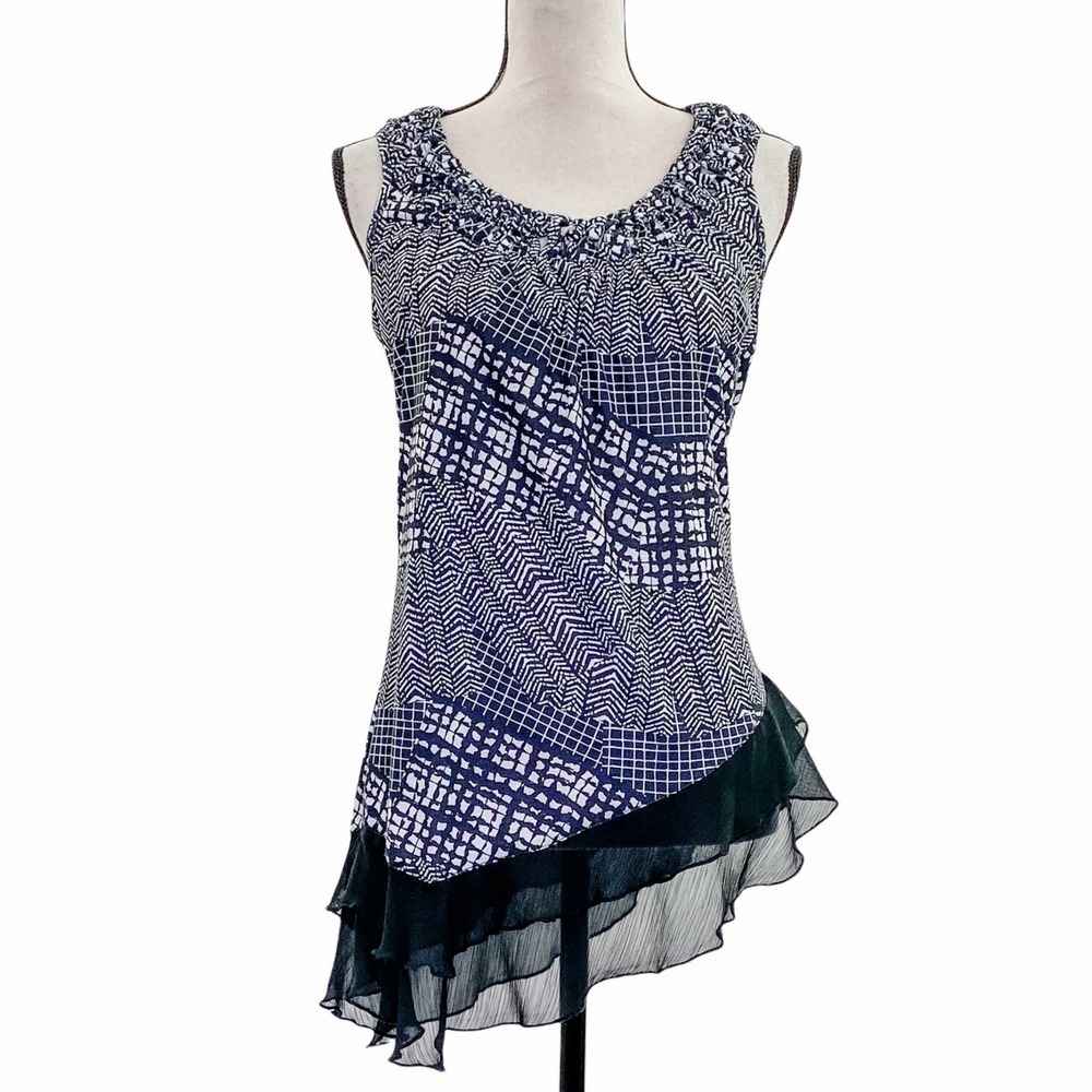 MADISON & Berkeley Blue & White Mixed Media Asymmetrical Tulle Trim Blouse